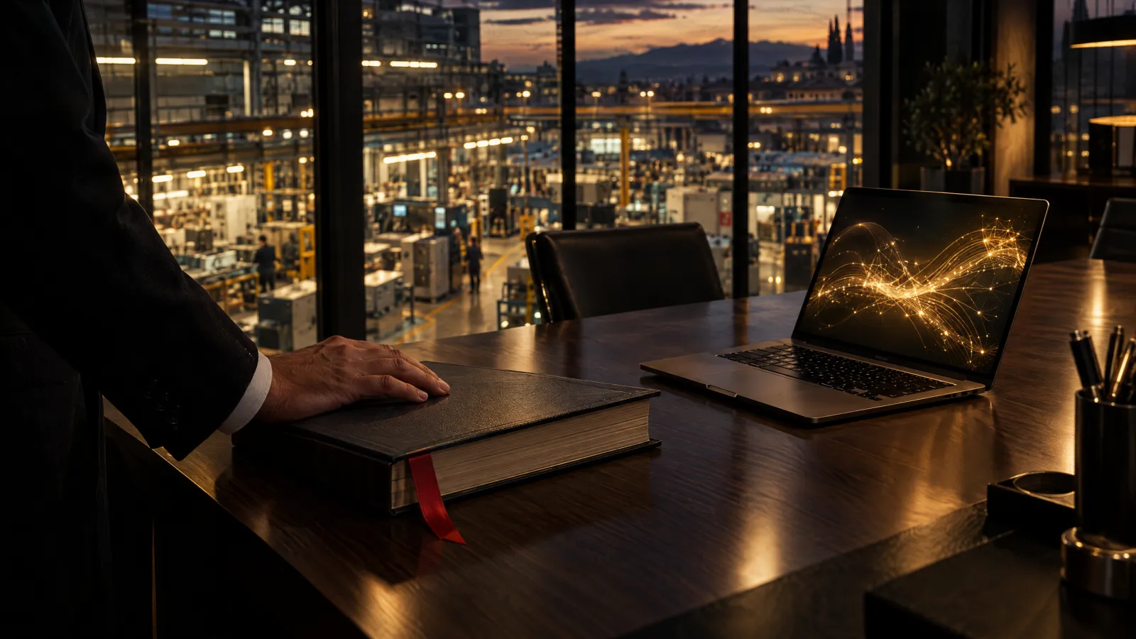 Sala riunioni di un'azienda manifatturiera al tramonto, con un regolamento e un computer portatile acceso sul tavolo