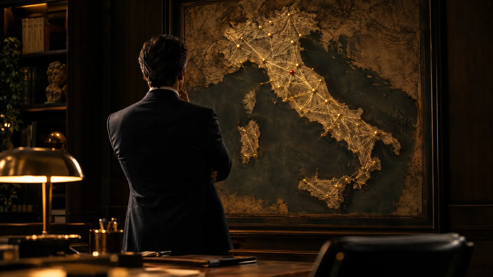 Responsabile commerciale davanti a una mappa dell'Italia con punti collegati da fili dorati